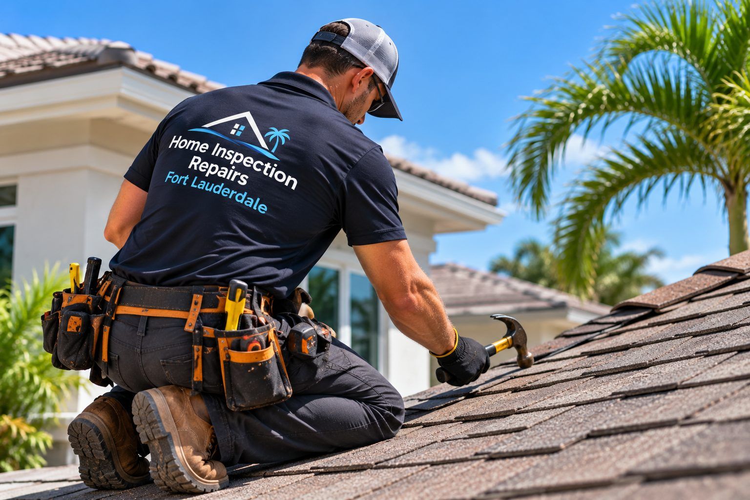 Technician repairing roof shingles in Fort Lauderdale, FL