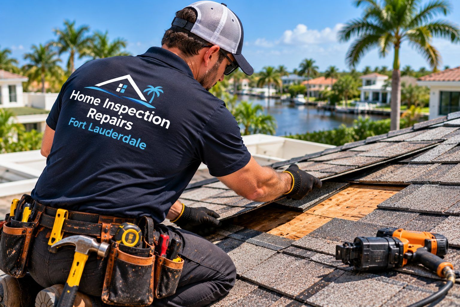 Technician replacing damaged roof shingles and decking in Fort Lauderdale, FL